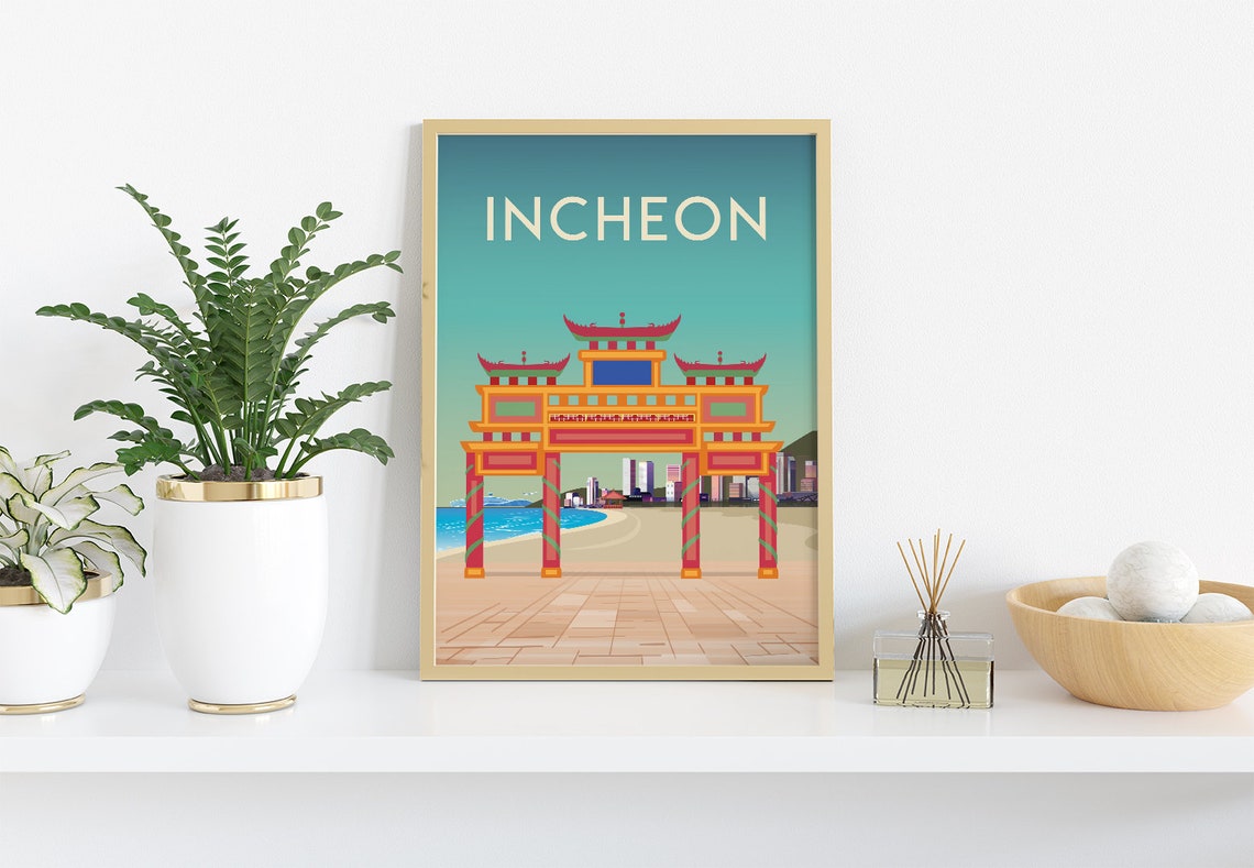 Incheon Korea Travel Poster Traditional Gate Waterfront Scene - Image 3