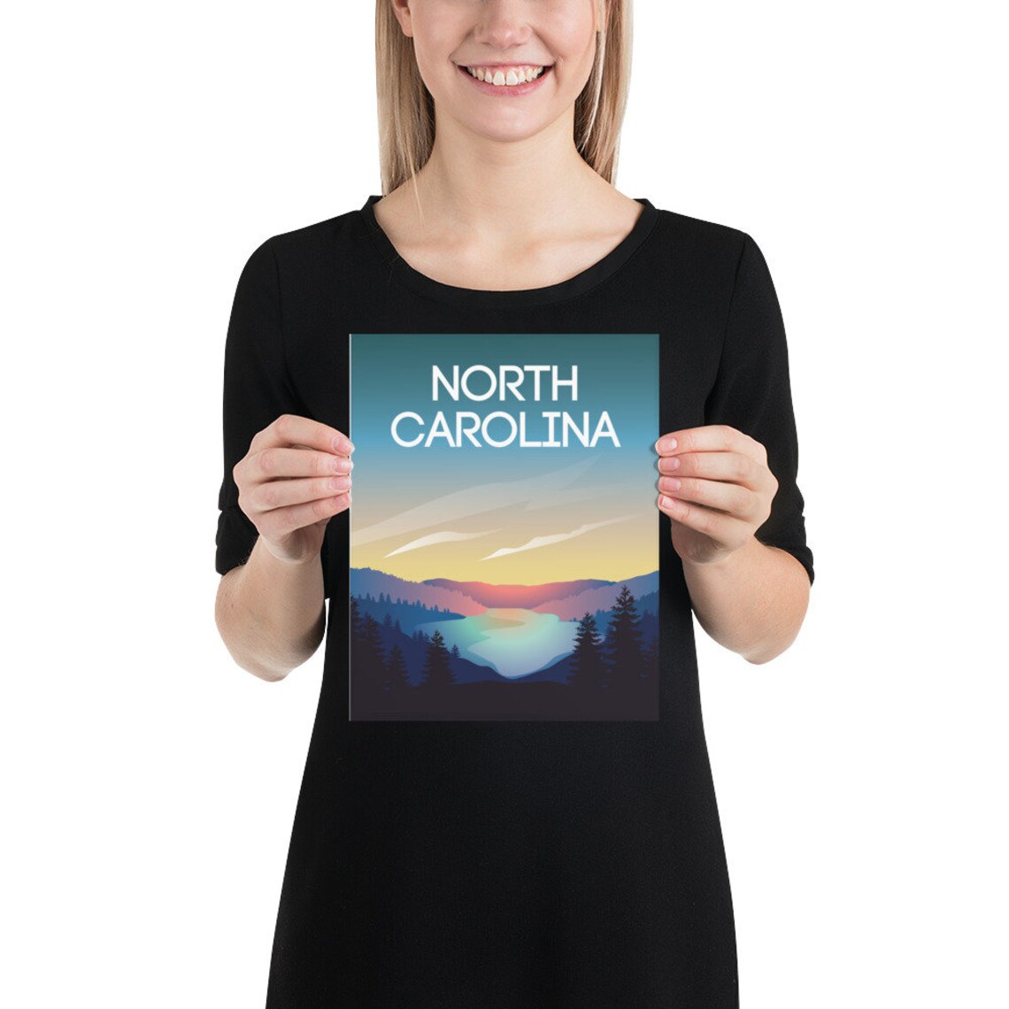 North Carolina Mountain Lake Sunset Pines Illustration Travel Poster - Image 3