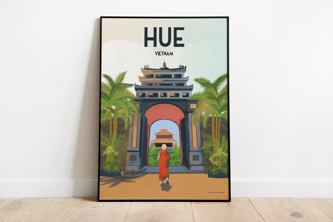 Hue Vietnam Imperial City Gate Monk Palm Trees Travel Poster