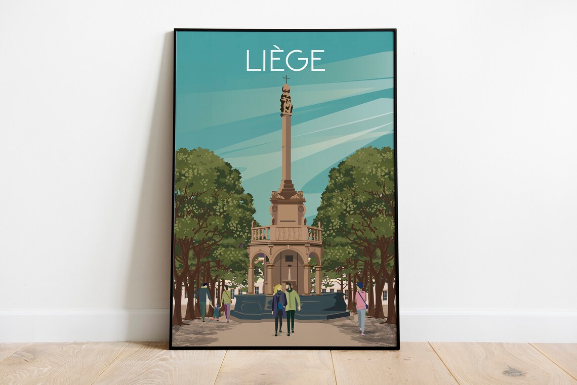 Liege Belgium Travel Poster Perron Monument Park City Scene Art