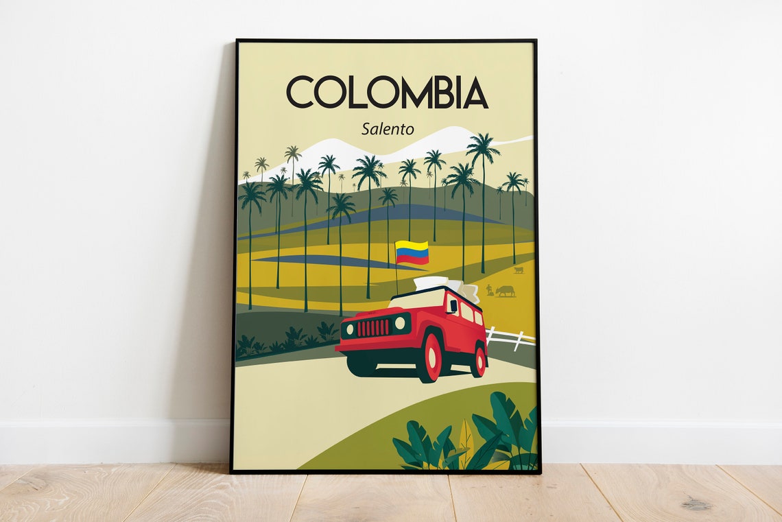 Colombia Salento Red Jeep Wax Palm Valley Retro Travel Poster