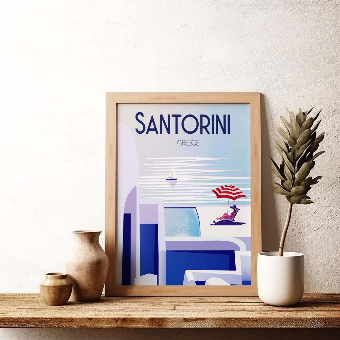 Santorini Greece Aegean Terrace Sunbather Sailboat Retro Poster - Image 3