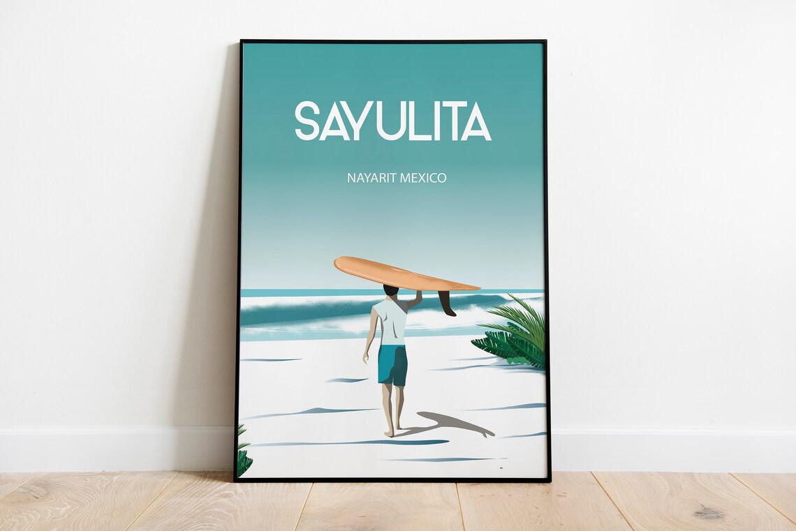 Sayulita Mexico Surfer Beach Boardwalk Ocean Waves Travel Poster