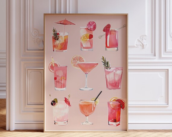 Pink Cocktail Collection Watercolor Nine Drinks Kitchen Bar Poster