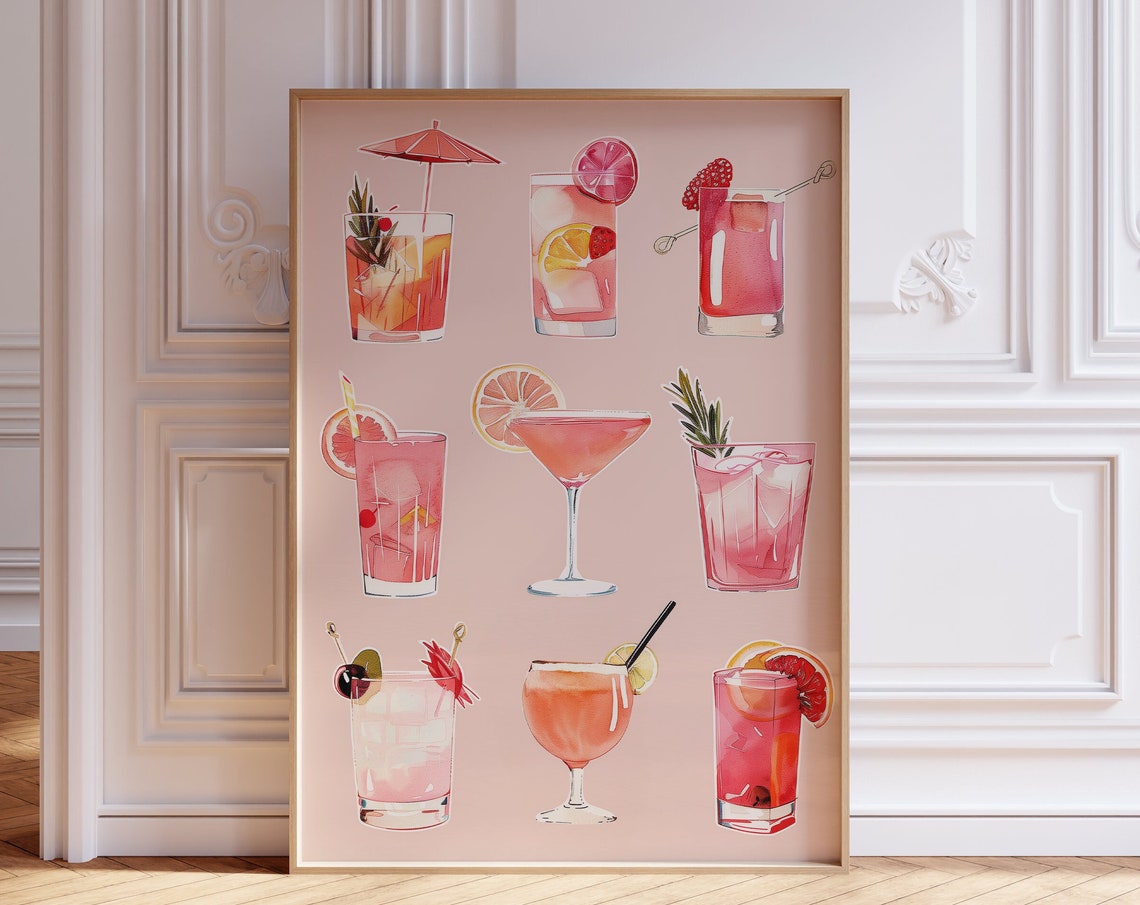 Pink Cocktail Collection Watercolor Nine Drinks Kitchen Bar Poster