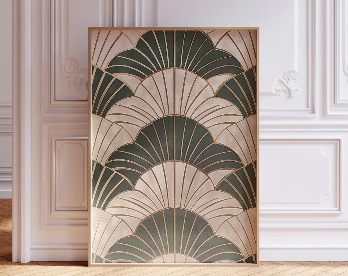 Sage Green Cream Gold Art Deco Scallop Pattern Abstract Poster