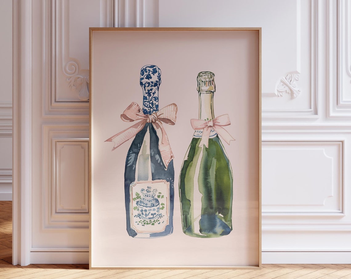 Champagne Bottles Watercolor Pink Bow Coquette Bar Cart Print