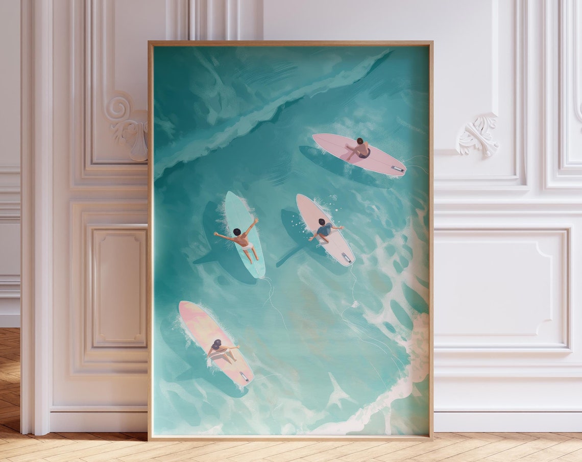 Aerial Surfers Pink Boards Turquoise Ocean Waves Surfing Art Poster
