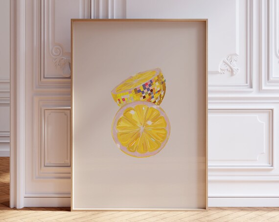 Trendy Lemon Disco Ball Mosaic Citrus Fruit Kitchen Pop Art Poster