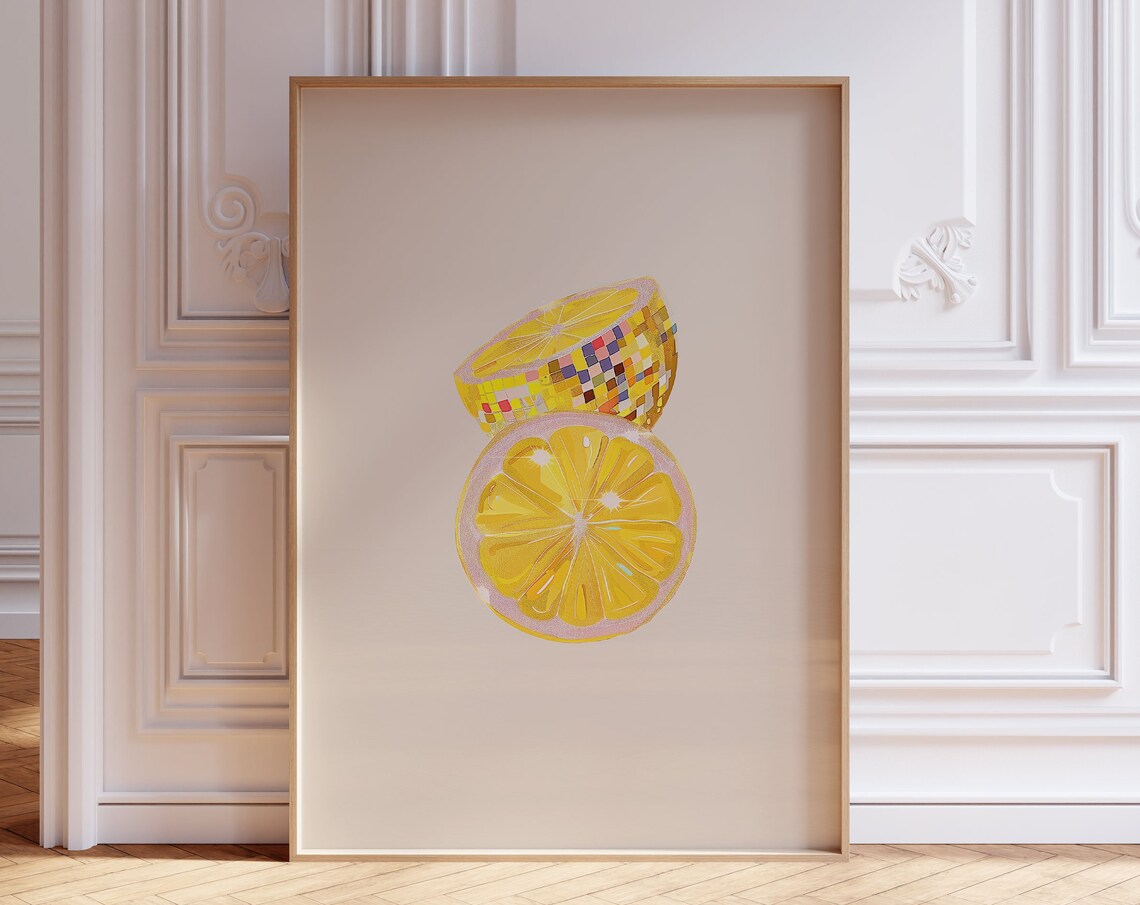 Lemon Disco Ball Poster, Yellow Kitchen Art Print