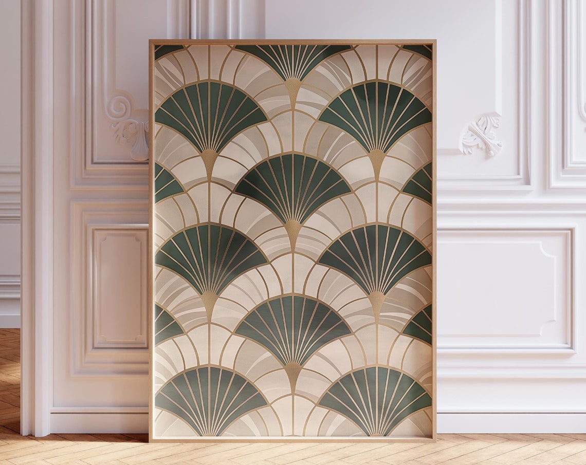 Elegant Sage Green Art Deco Scallop Fan Pattern Japandi Poster