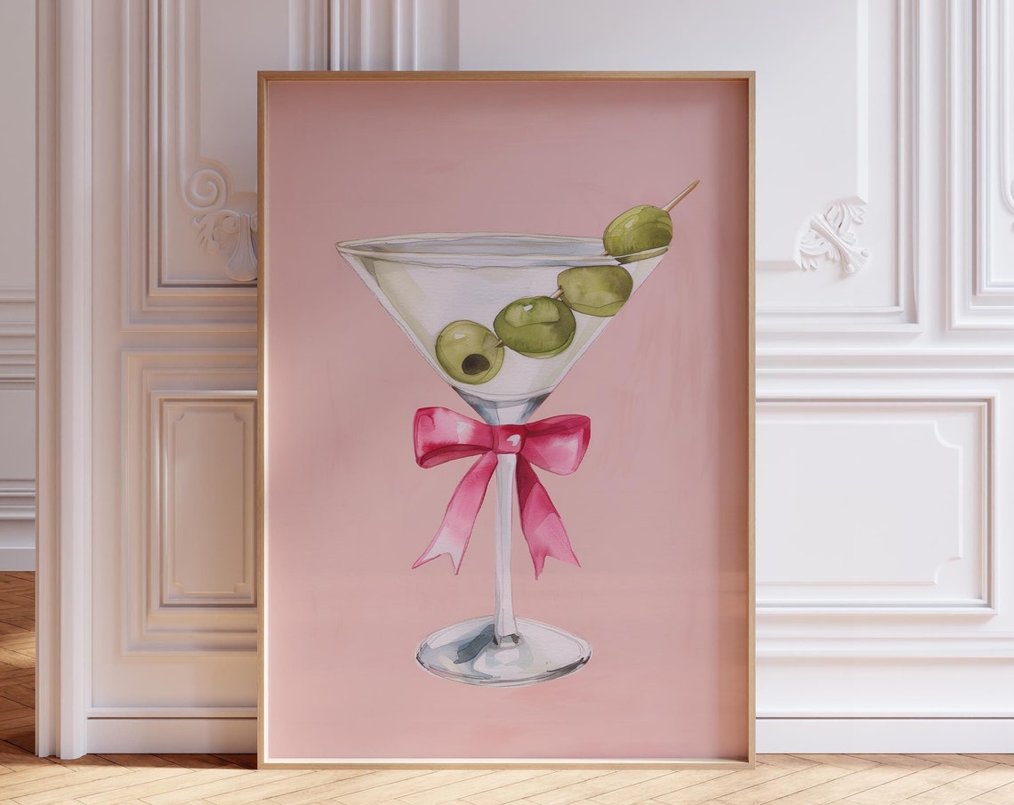 Martini with Olives and Pink Bow Coquette Cocktail Watercolor Print