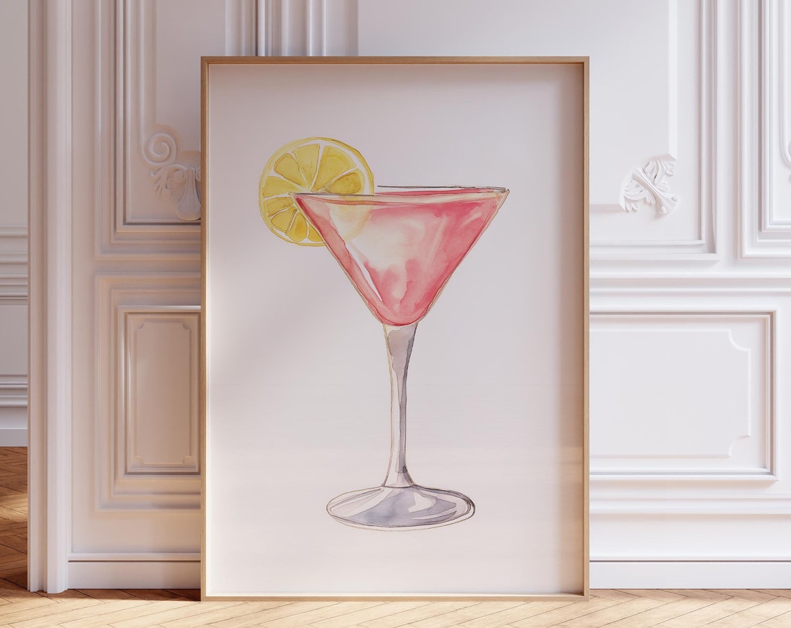 Pink Cosmopolitan Martini Watercolor Cocktail Glass Art Poster