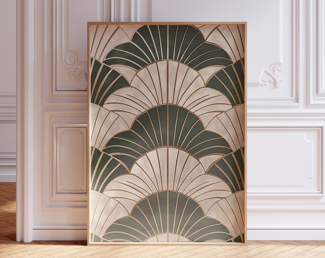Japandi Sage Green Art Deco Scallop Fan Pattern Gold Art Poster