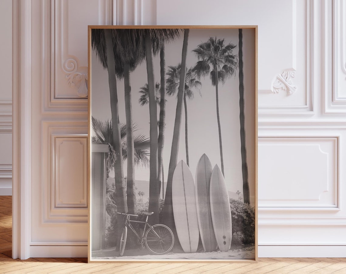 Black and White Surfboards with Palms and Bicycle Beach Poster