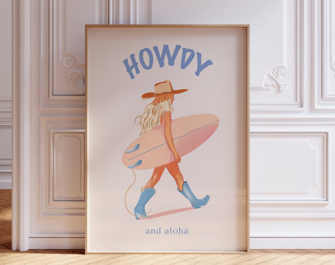 Howdy and Aloha Coastal Cowgirl Poster Surfer Girl with Surfboard