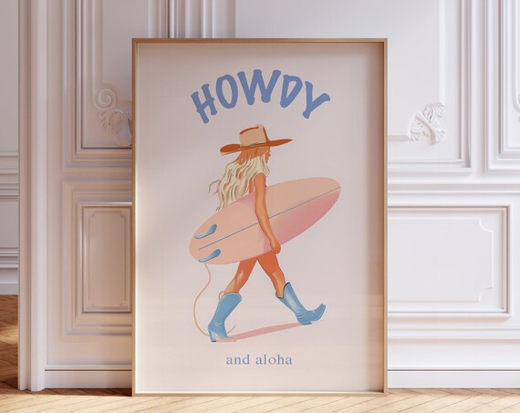 Howdy and Aloha Coastal Cowgirl Poster Surfer Girl with Surfboard
