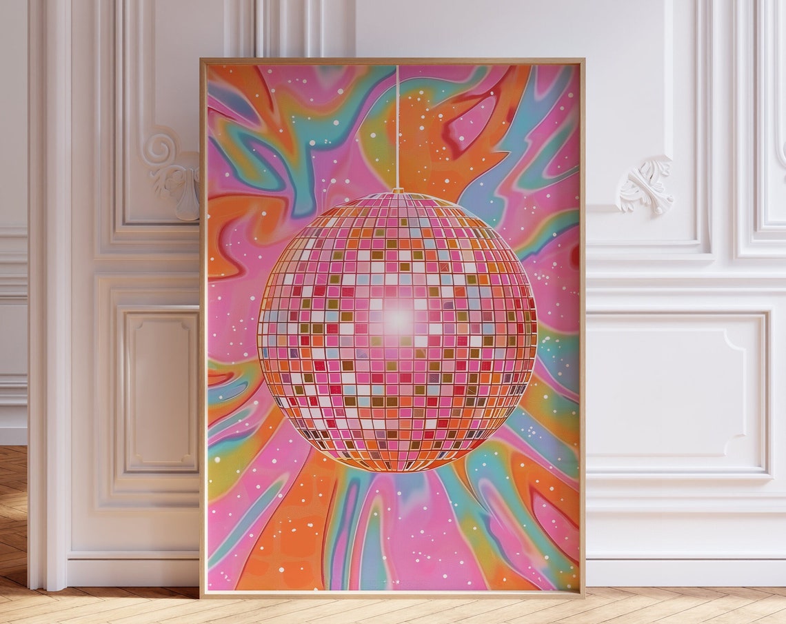Pink Disco Mirrorball Poster Psychedelic Rainbow Swirl Retro Party Art