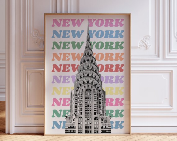 New York Chrysler Building Rainbow Typography Retro Pop Poster