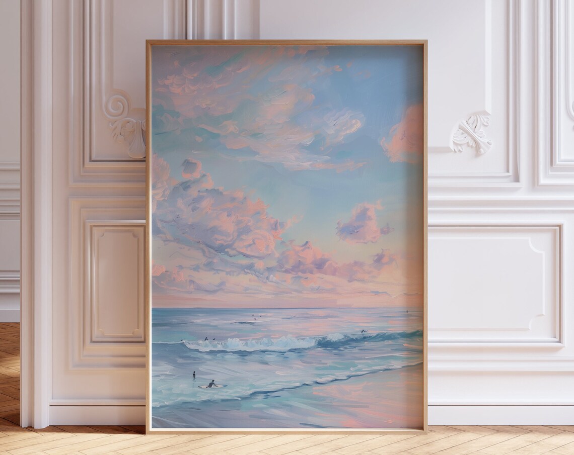 Pastel Sunset Beach Surfers Waves Oil Painting Coastal Poster