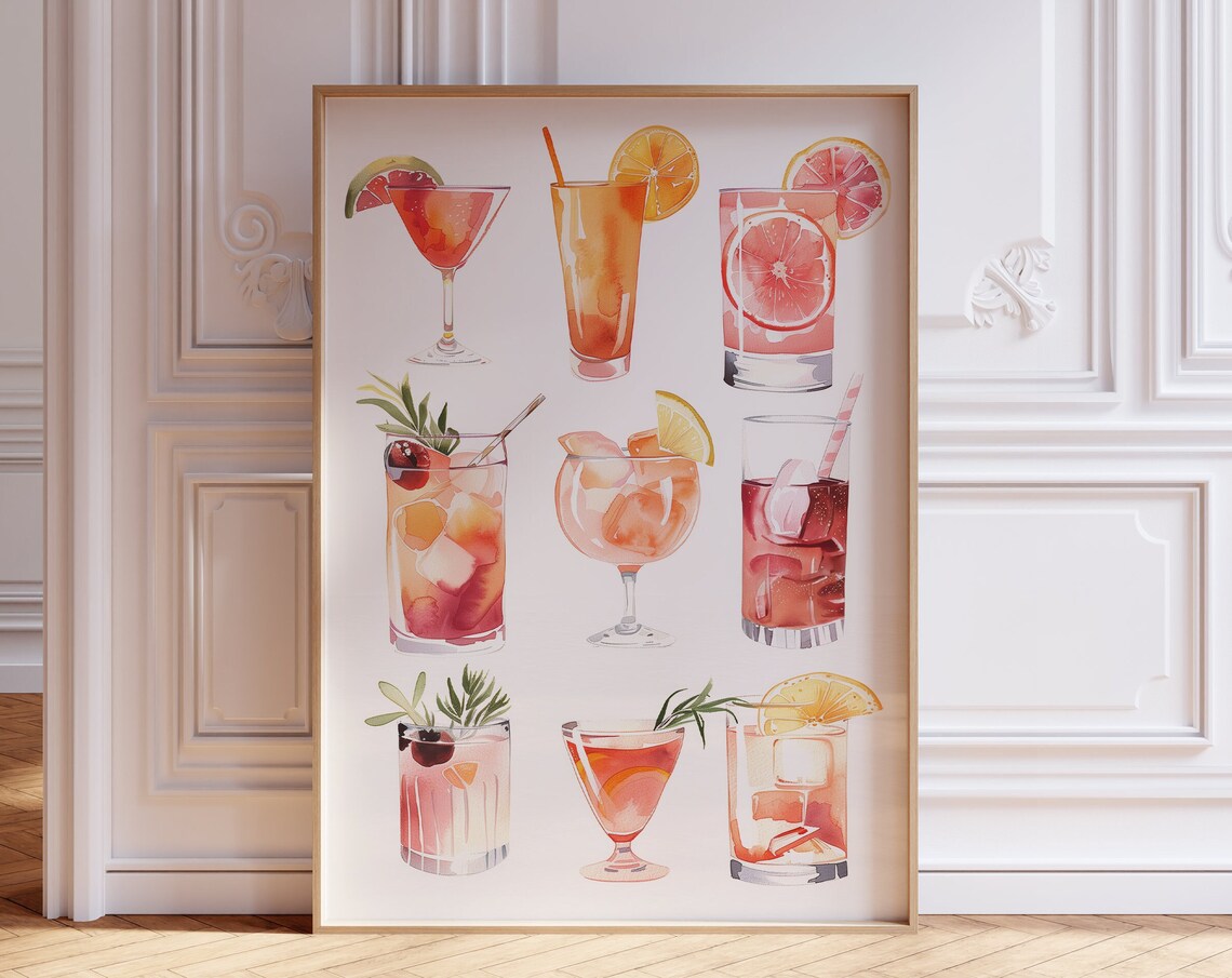 Bar Cart Cocktail Poster, Pink Watercolor Decor
