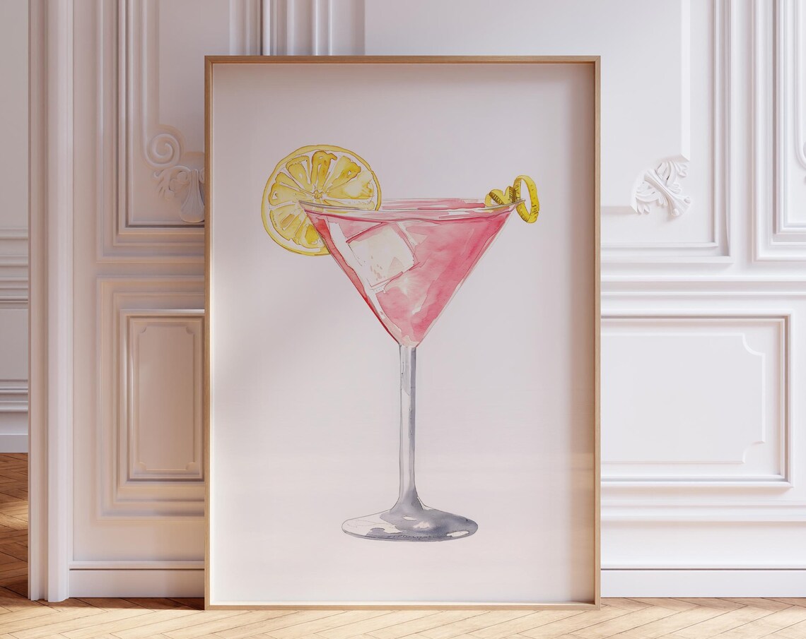 Cosmopolitan Watercolor Cocktail Poster, Drink Art