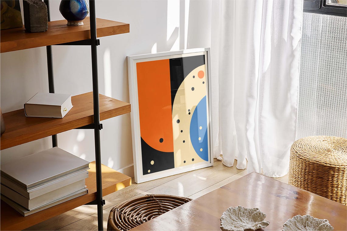 Bold Geometric Orange Blue Black Abstract Mid Century Modern Poster - Image 4