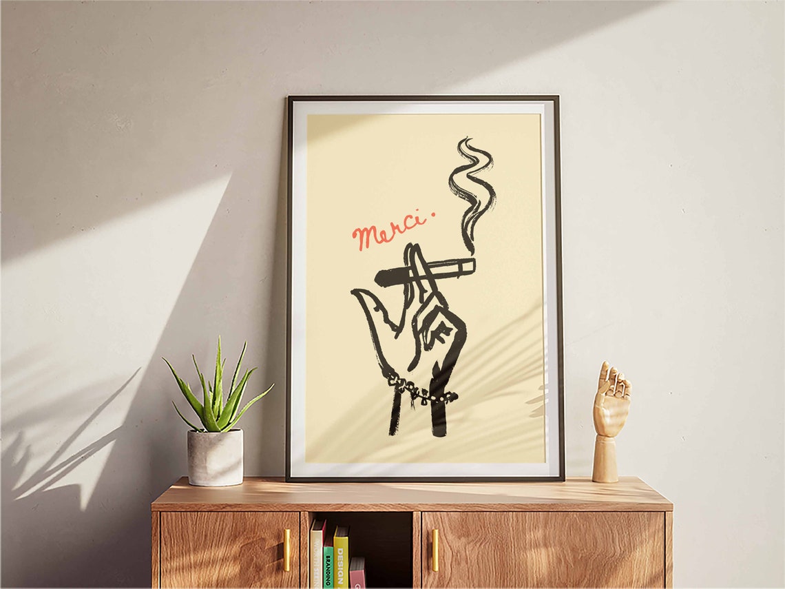 Merci Smoking Hand French Parisian Ink Sketch Chic Art Poster - Image 3
