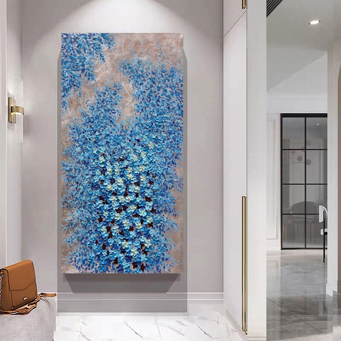 Blue Blossom Flower Wall On Rose Gold Textured Oil Painting Poster - Image 5