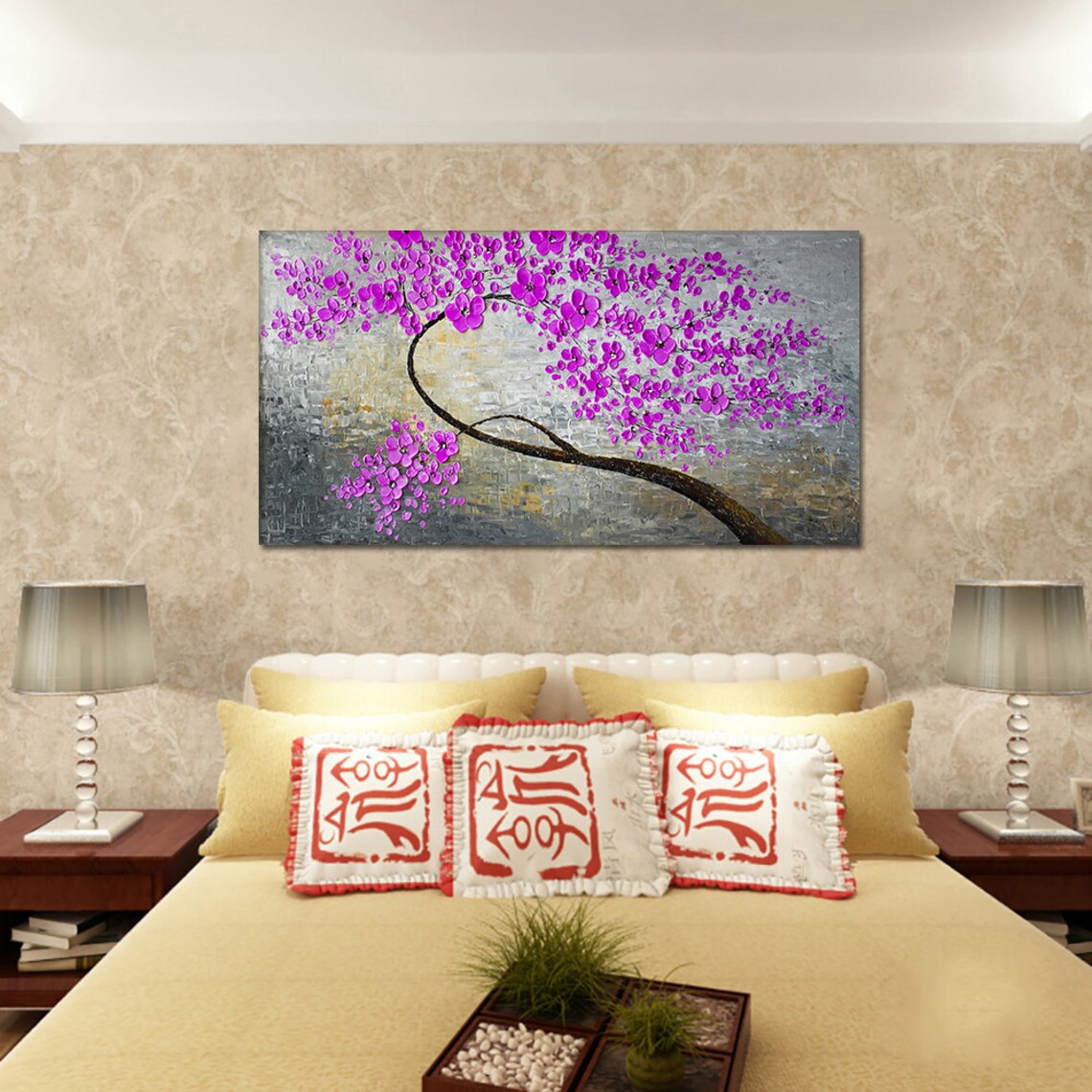 Magenta Cherry Blossom Branch On Stone Grey Textured Oil Poster - Image 2