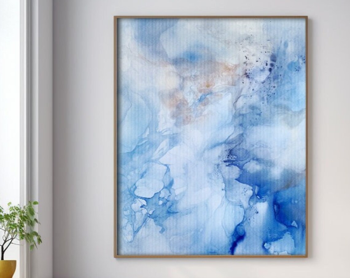 Blue and Gold Abstract Watercolor Serene Modern Painting Poster