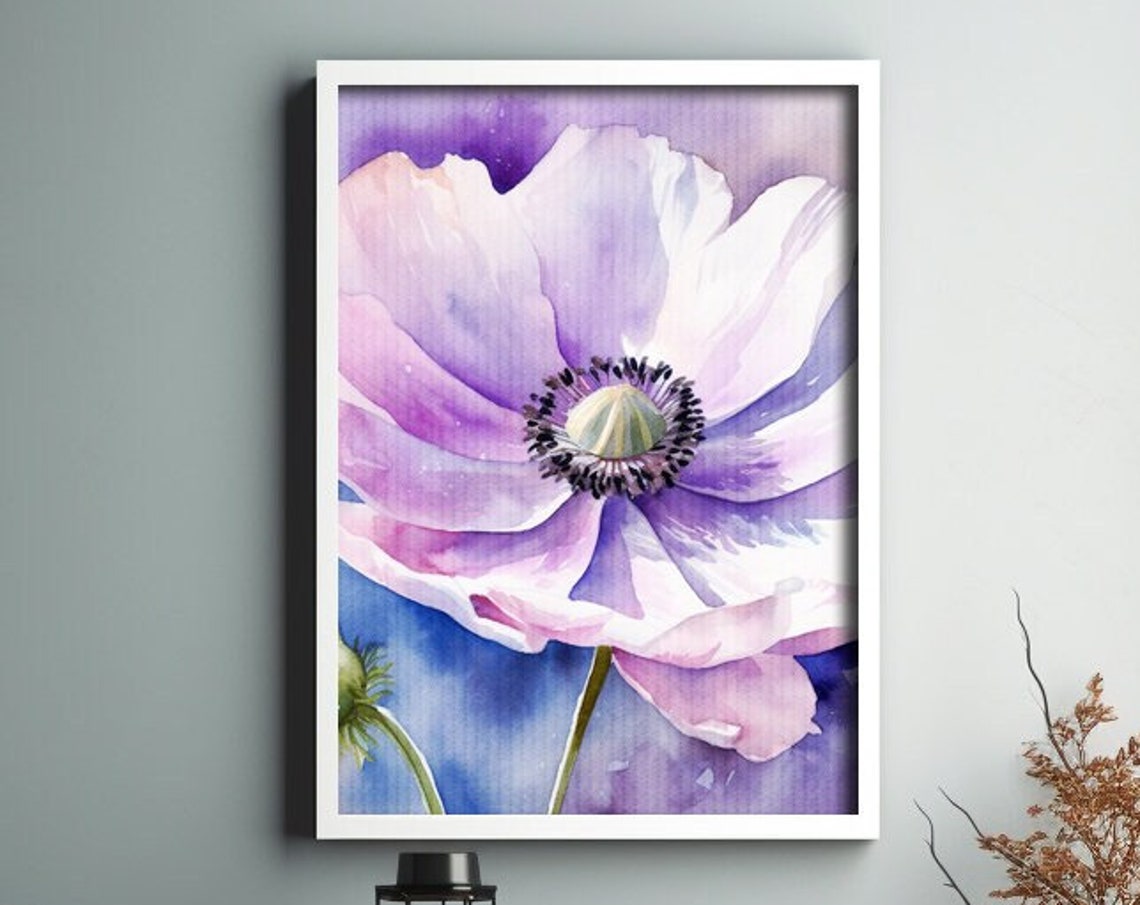 Lavender Anemone Flower Watercolor Close Up Botanical Poster