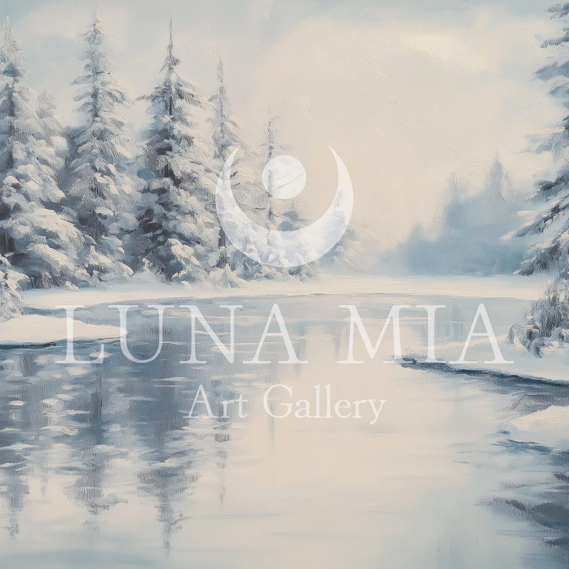 Snowy Pine Trees Around Frozen River Tranquil Winter Scene Poster - Image 5