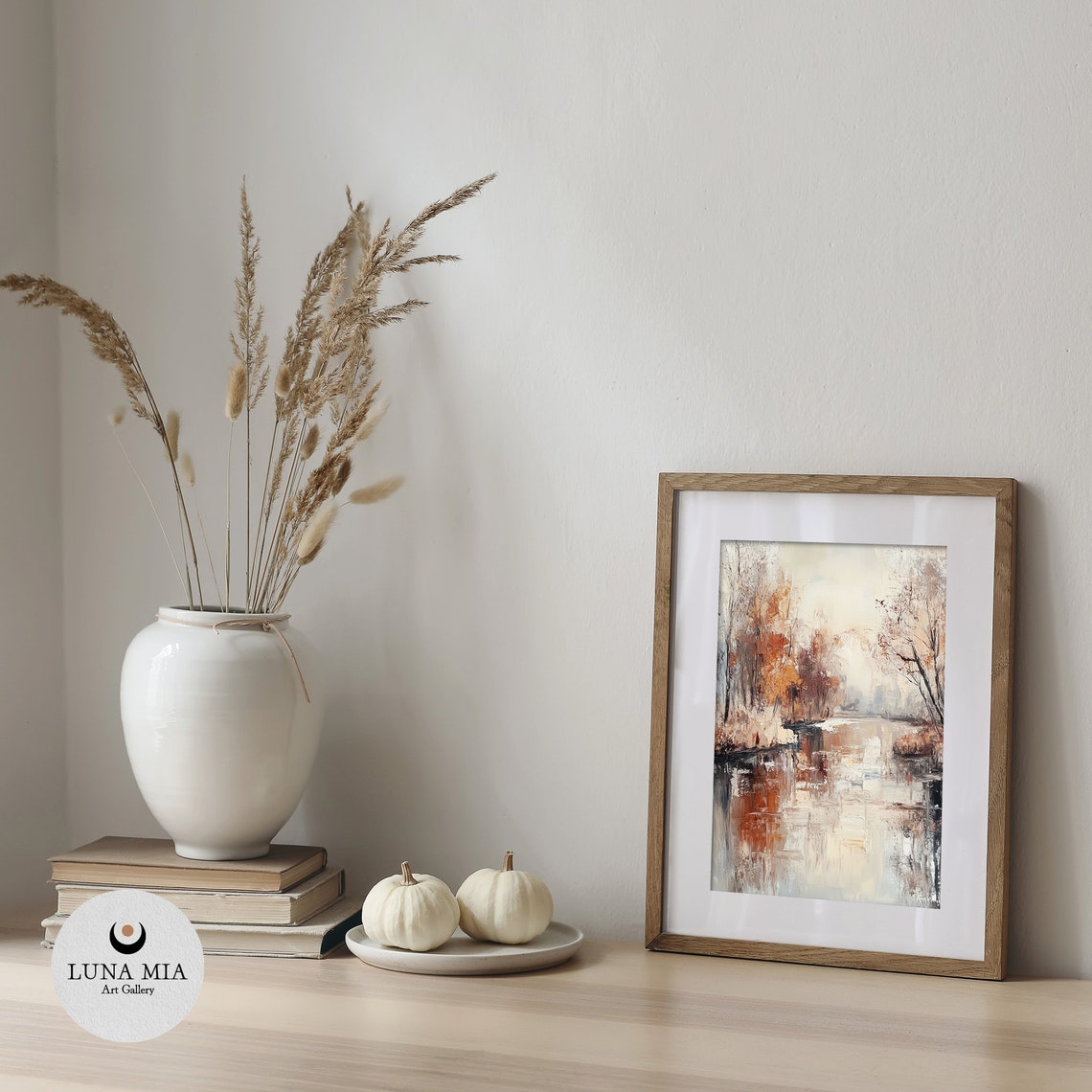 Abstract Autumn Lake Tree Reflections Rust Beige Oil Art Poster - Image 5