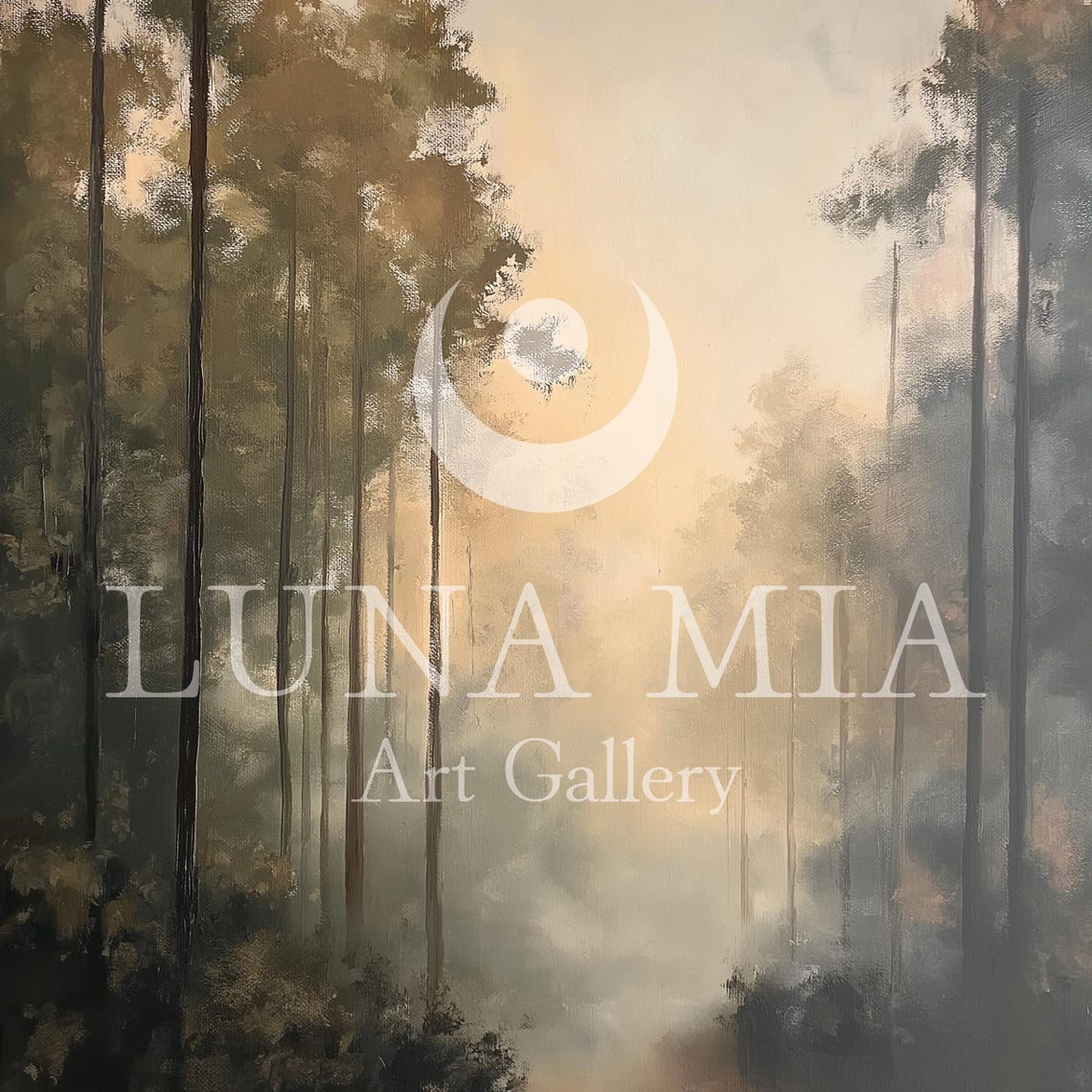 Tall Pine Forest With Golden Morning Mist Light Oil Painting Poster - Image 5