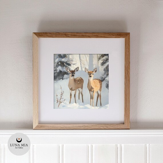 Two Fawns Standing in Snowy Woods Winter Wildlife Art Poster