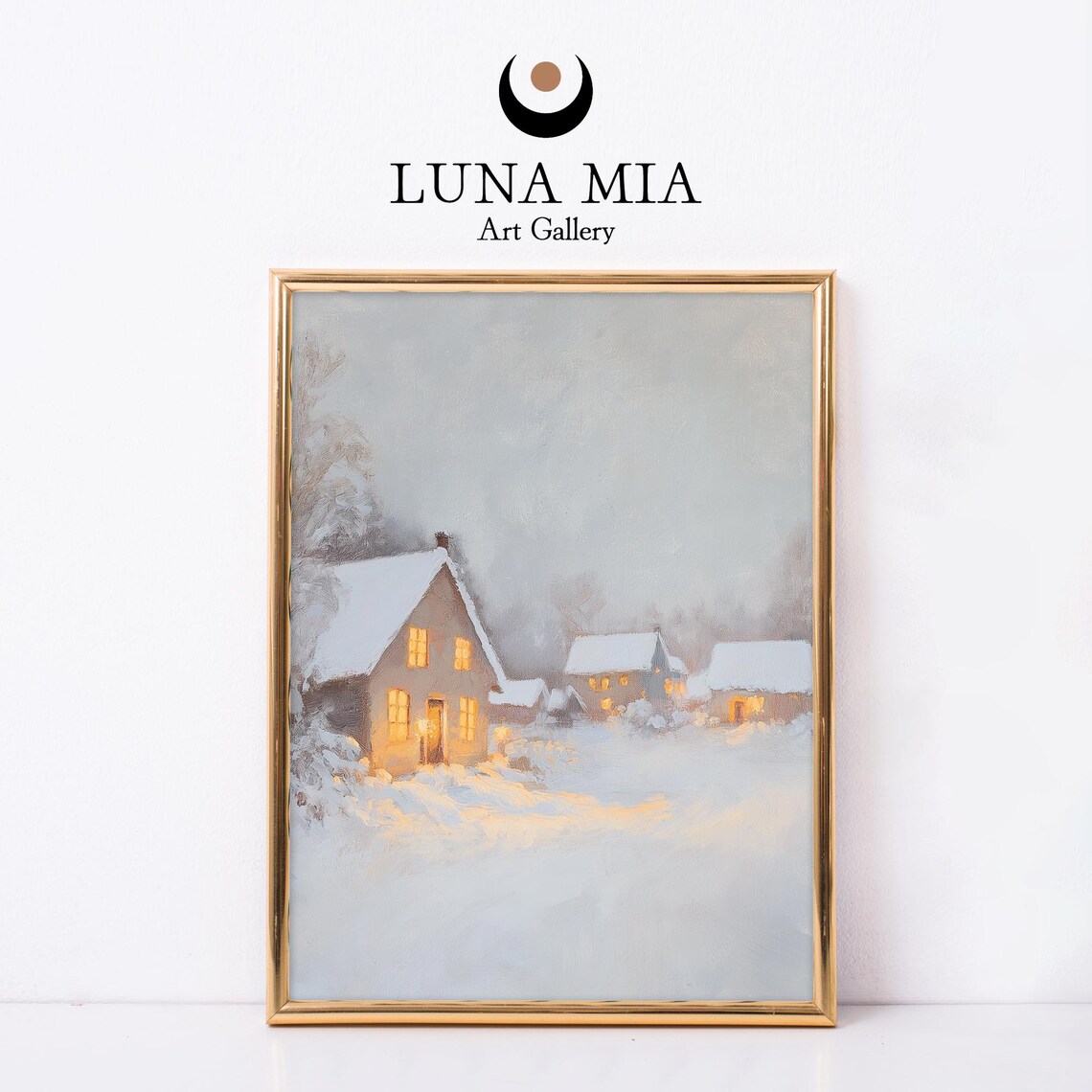 Snow Covered Village Glowing Windows Winter Oil Painting Poster