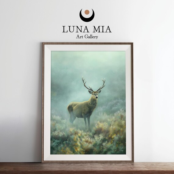 Misty Forest Deer Print Rustic Cabin Lodge Wall Art