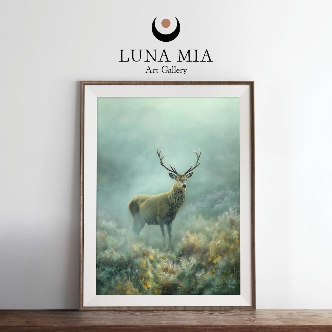 Red Deer Stag Standing in Misty Moor Moody Wildlife Painting Poster