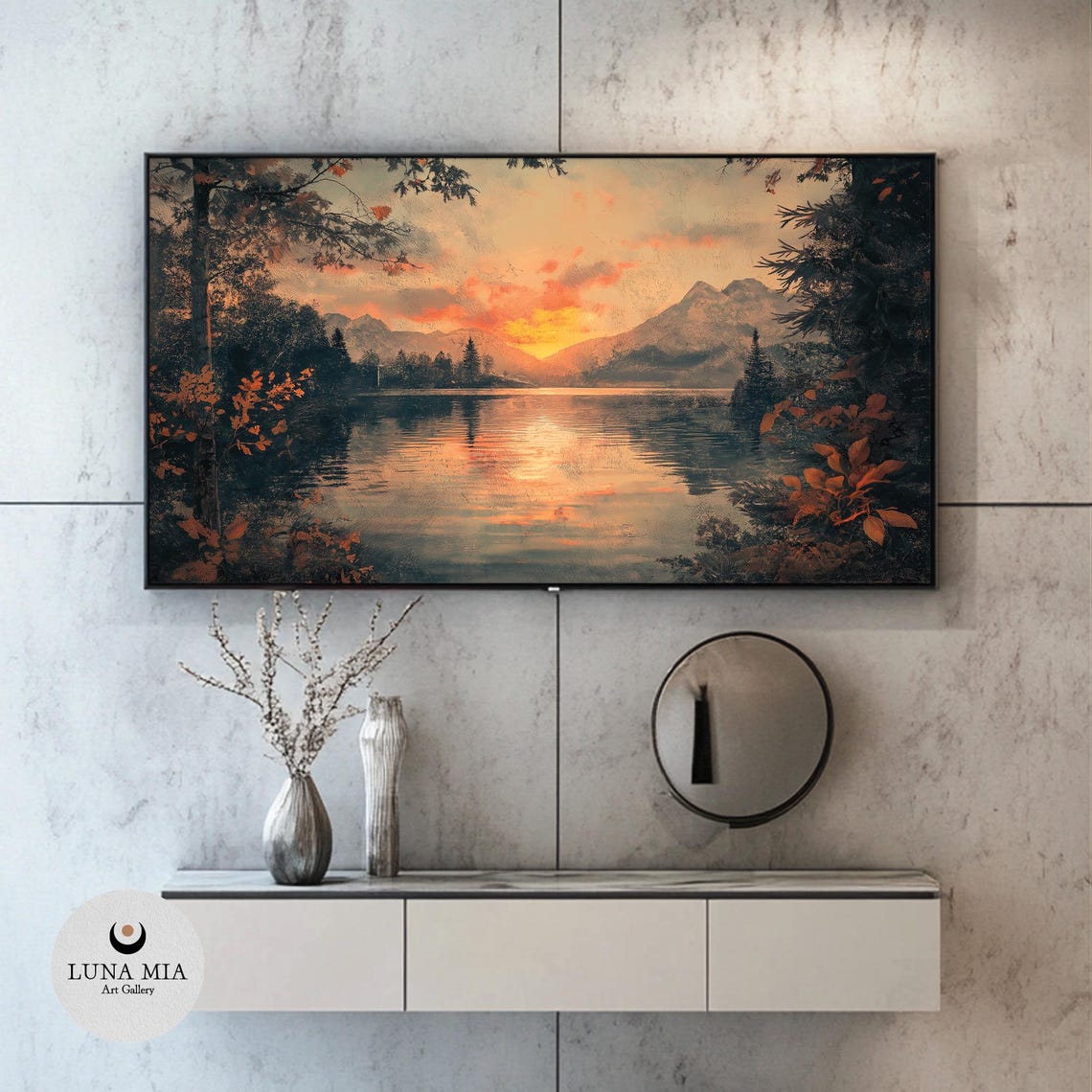 Mountain Lake At Sunset With Fiery Orange Glow On Calm Water Poster - Image 2
