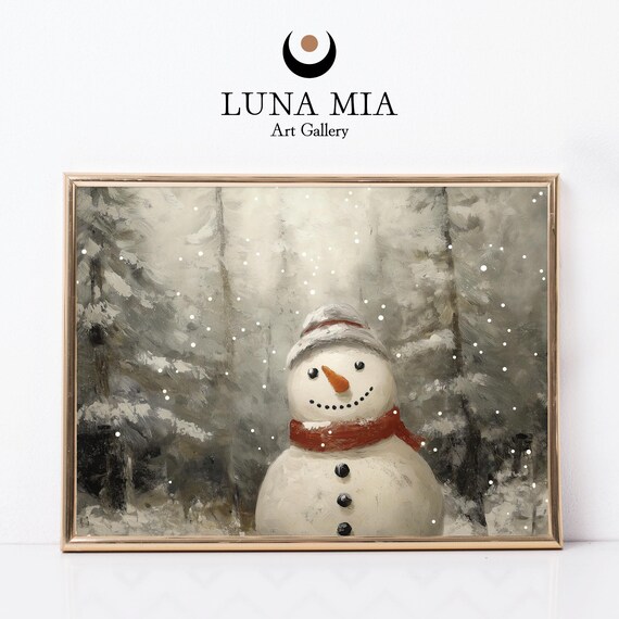 Cheerful Snowman in Falling Snow Rustic Winter Forest Art Poster