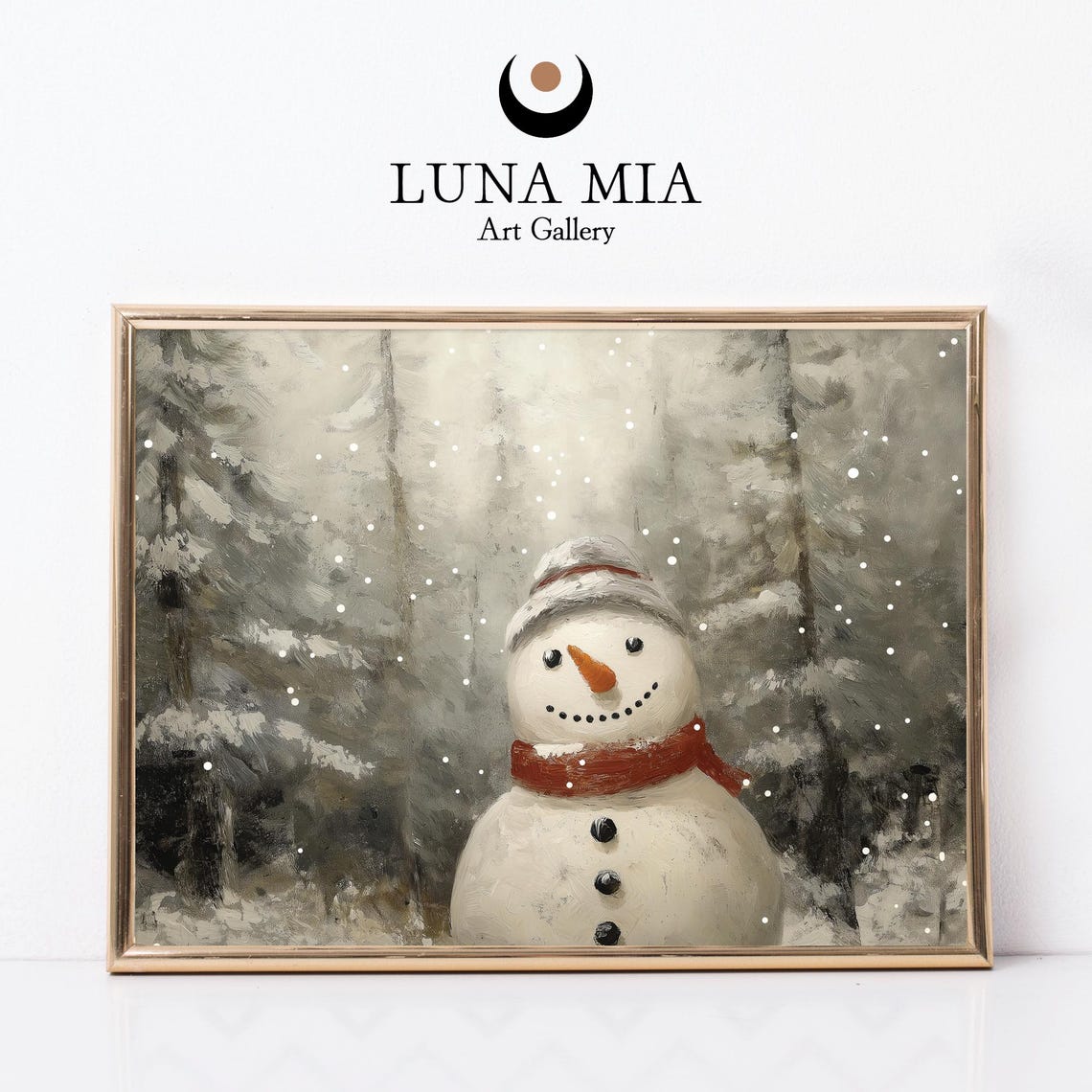 Cheerful Snowman in Falling Snow Rustic Winter Forest Art Poster