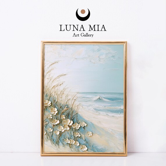 Textured Coastal Beach Scene With White Blossoms And Dune Grass Poster