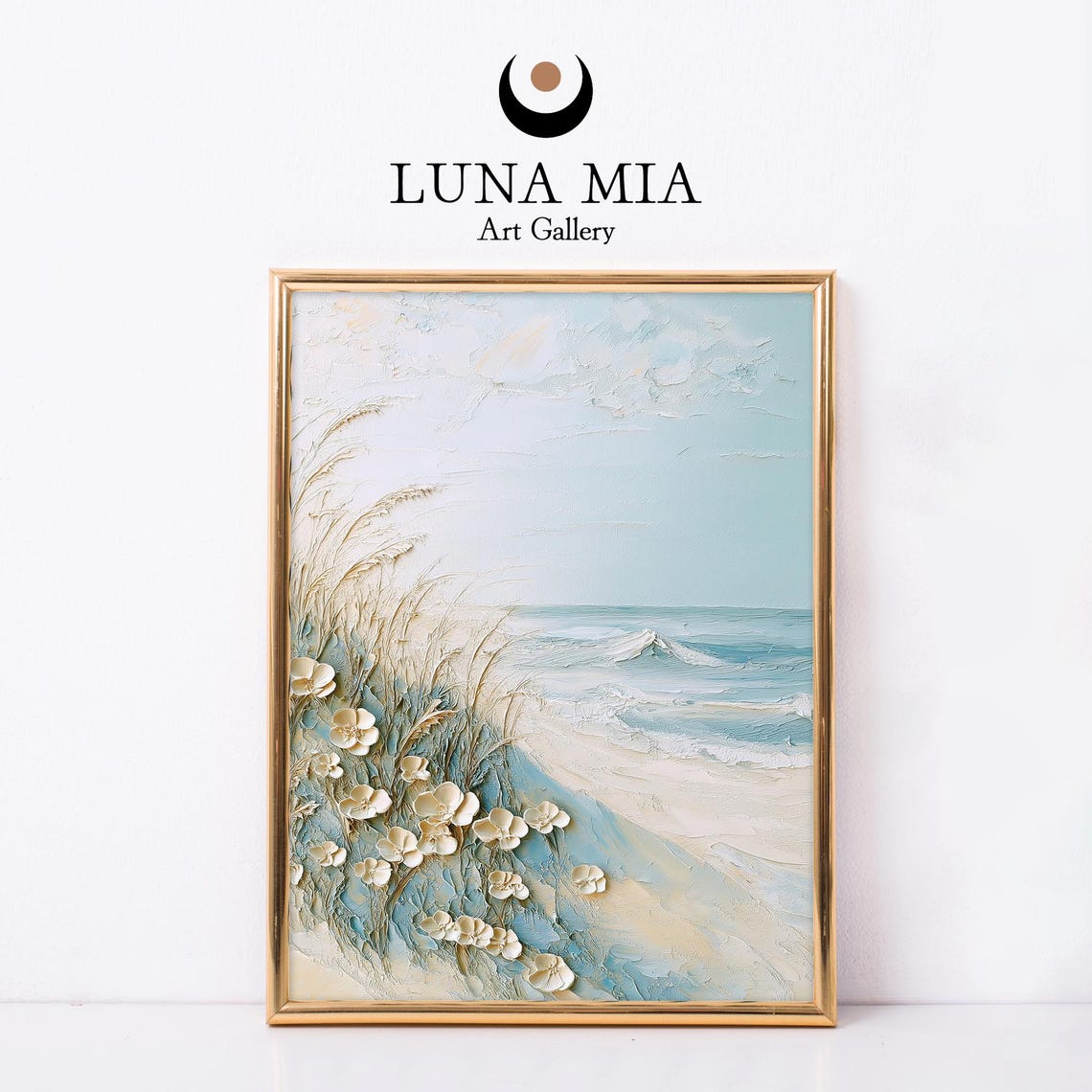 Textured Coastal Beach Scene With White Blossoms And Dune Grass Poster