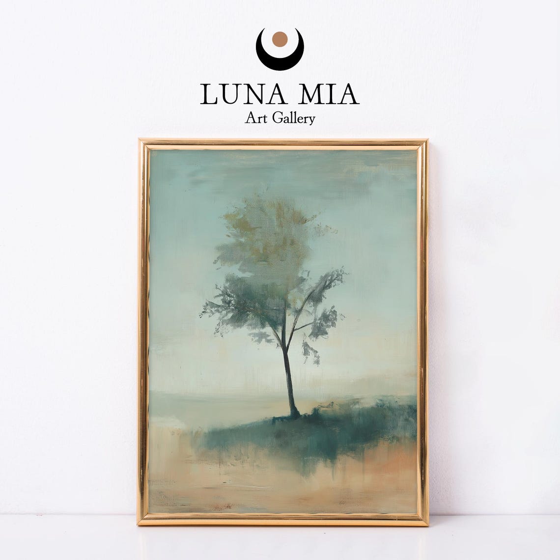 Lone Tree Misty Landscape Minimalist Sage Green Calm Wall Art