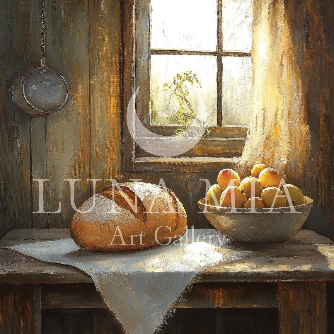 Rustic Kitchen Bread And Fruit Bowl Sunny Window Oil Painting Poster - Image 4