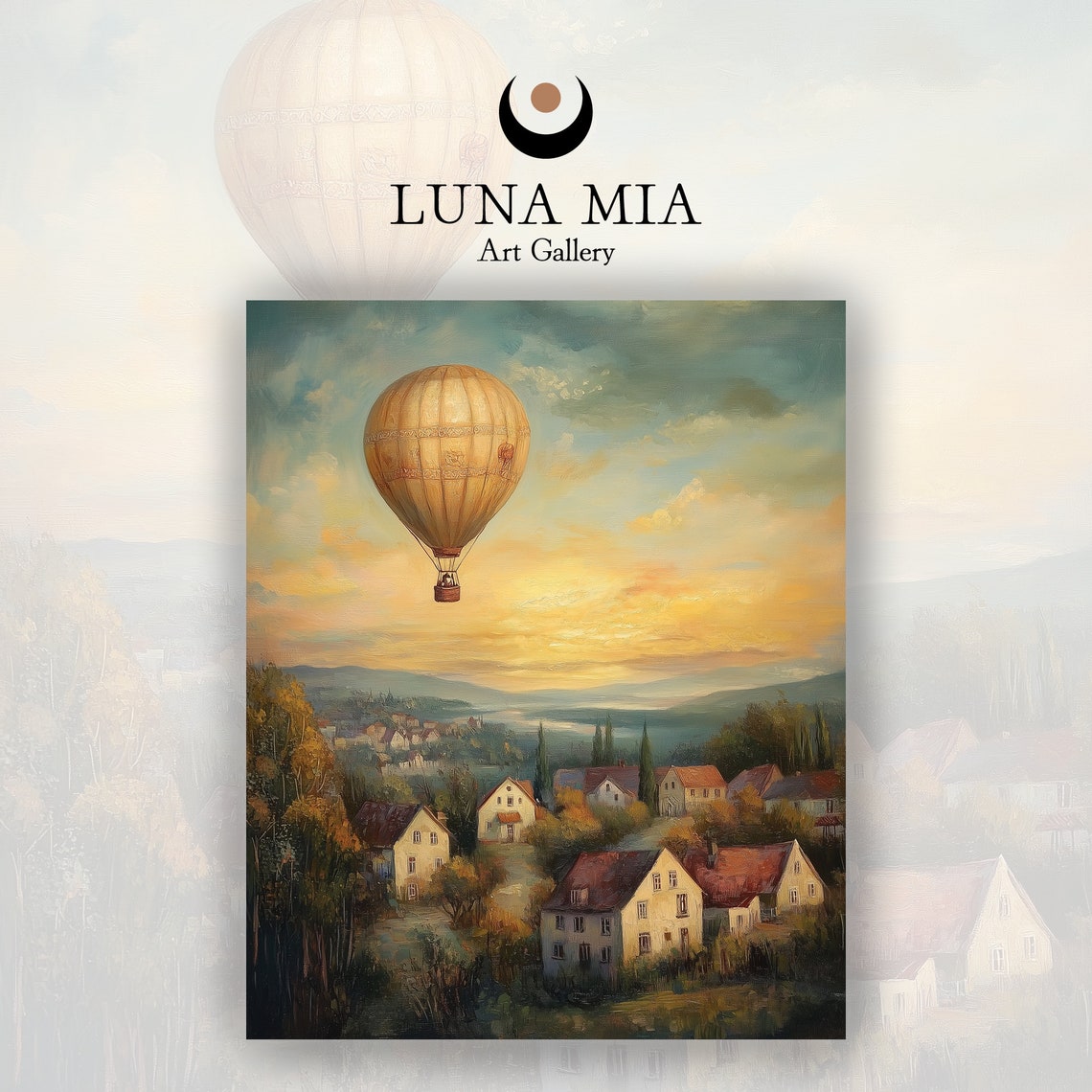 Vintage Hot Air Balloon Drifting Over Village at Sunset Poster - Image 2