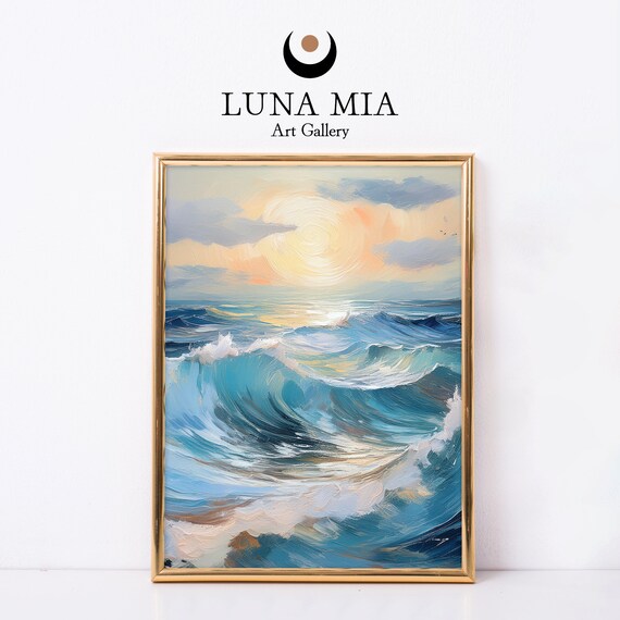 Big Vibrant Ocean Waves Crashing Under Golden Sunset Art Poster