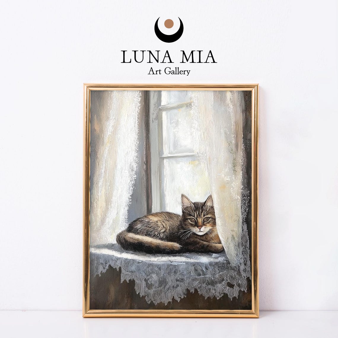 Tabby Cat Lounging On Sunny Windowsill Lace Curtains Painting Poster