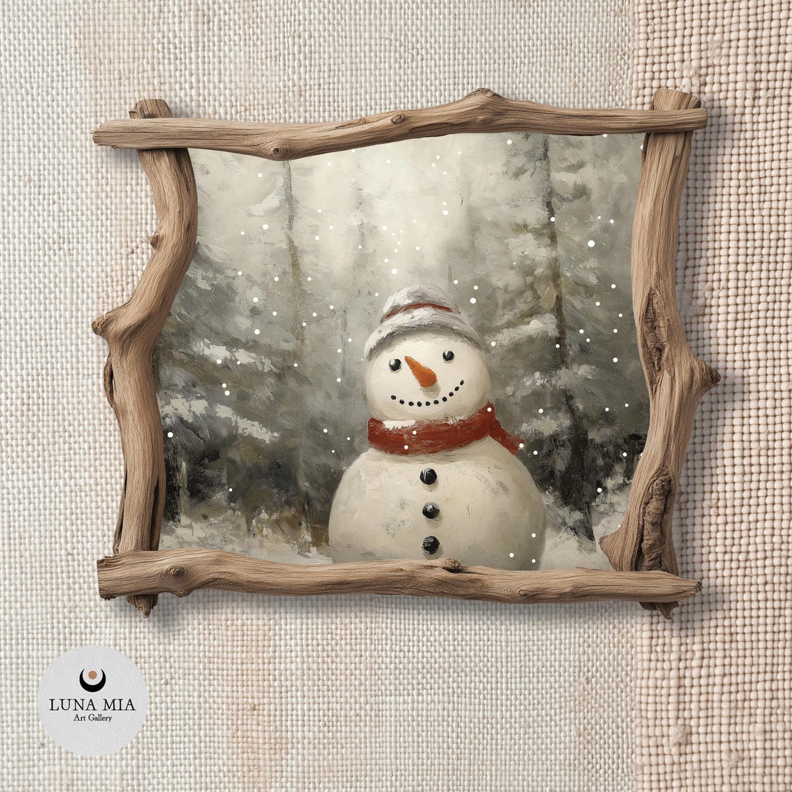Cheerful Snowman in Falling Snow Rustic Winter Forest Art Poster - Image 2